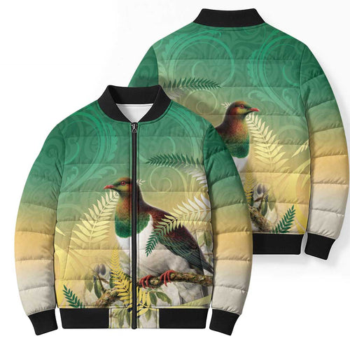 New Zealand Pigeon Kereru Bomber Puffer Jacket Maori Fern Art Green Gradient - Aussie Hoodie