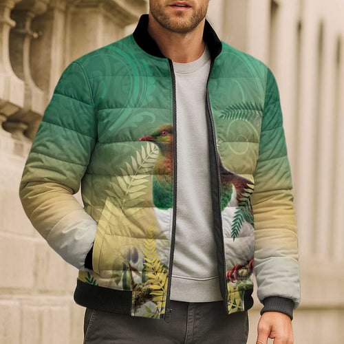 New Zealand Pigeon Kereru Bomber Puffer Jacket Maori Fern Art Green Gradient - Aussie Hoodie