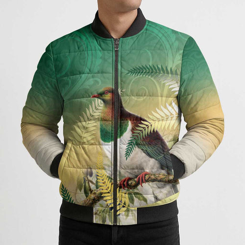 New Zealand Pigeon Kereru Bomber Puffer Jacket Maori Fern Art Green Gradient - Aussie Hoodie