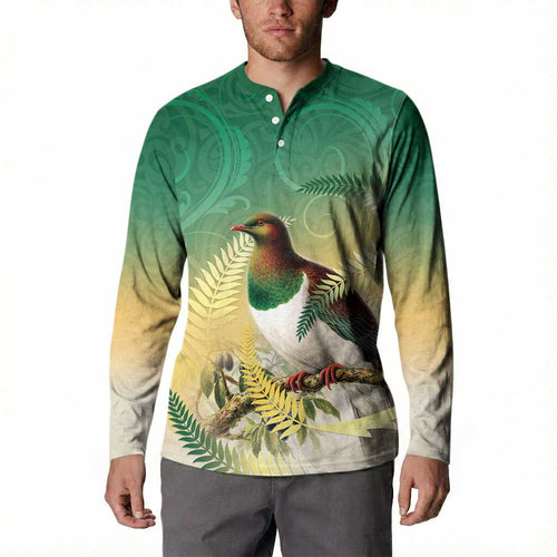 New Zealand Pigeon Kereru Button Sweatshirt Maori Fern Art Green Gradient - Aussie Hoodie