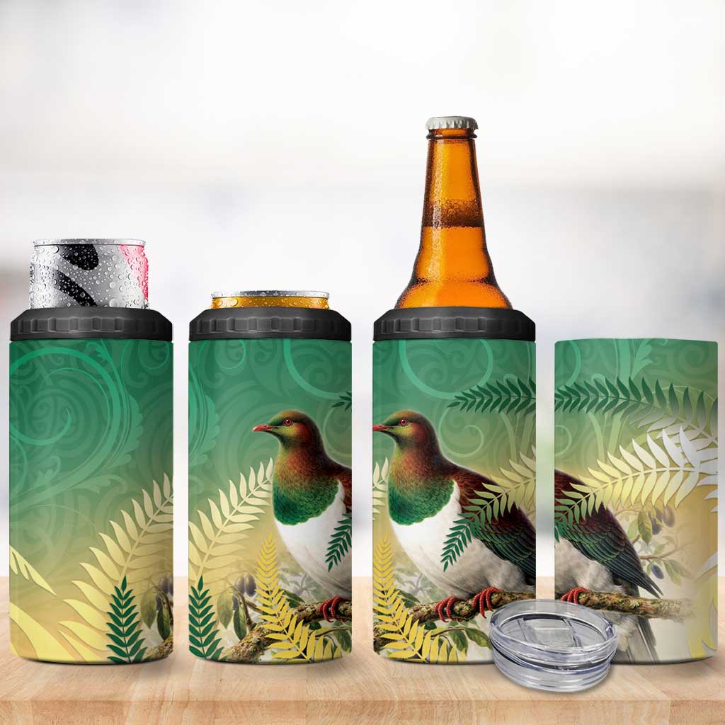 New Zealand Pigeon Kereru 4 in 1 Can Cooler Tumbler Maori Fern Art Green Gradient - Aussie Hoodie