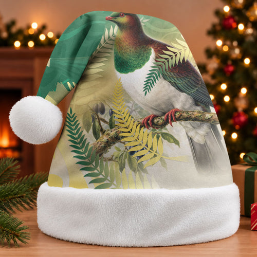 New Zealand Pigeon Kereru Christmas Santa Hat Maori Fern Art Green Gradient