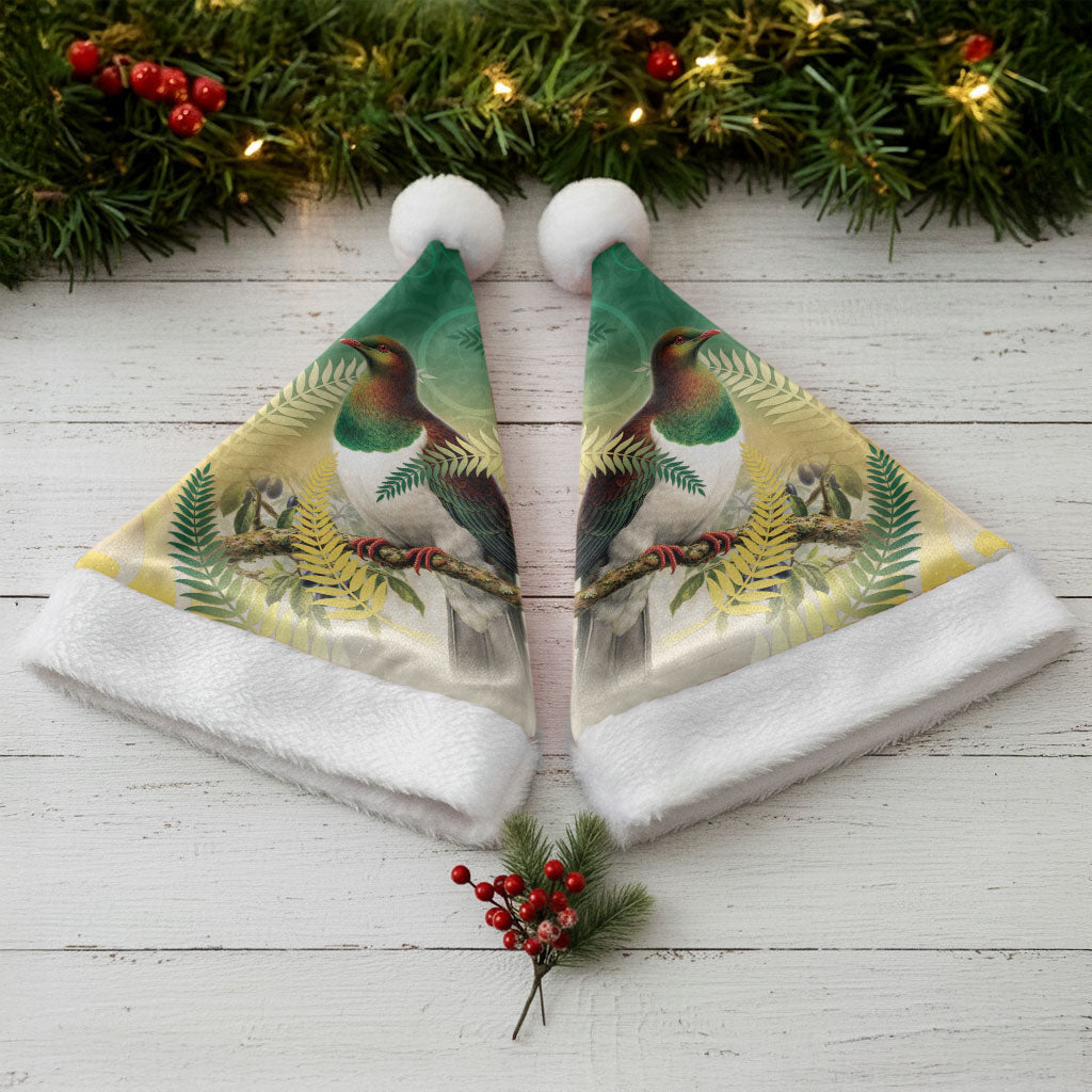 New Zealand Pigeon Kereru Christmas Santa Hat Maori Fern Art Green Gradient