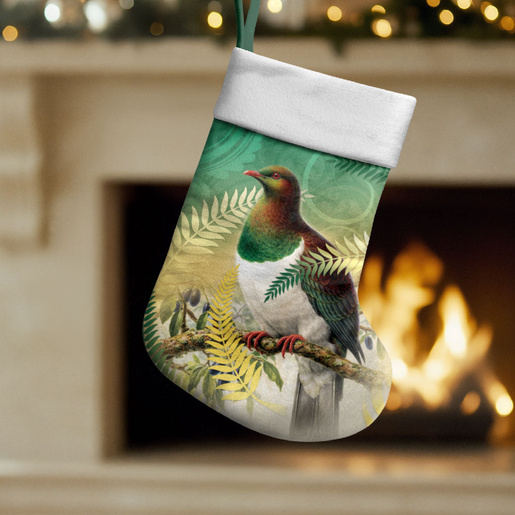 New Zealand Pigeon Kereru Christmas Stocking Maori Fern Art Green Gradient