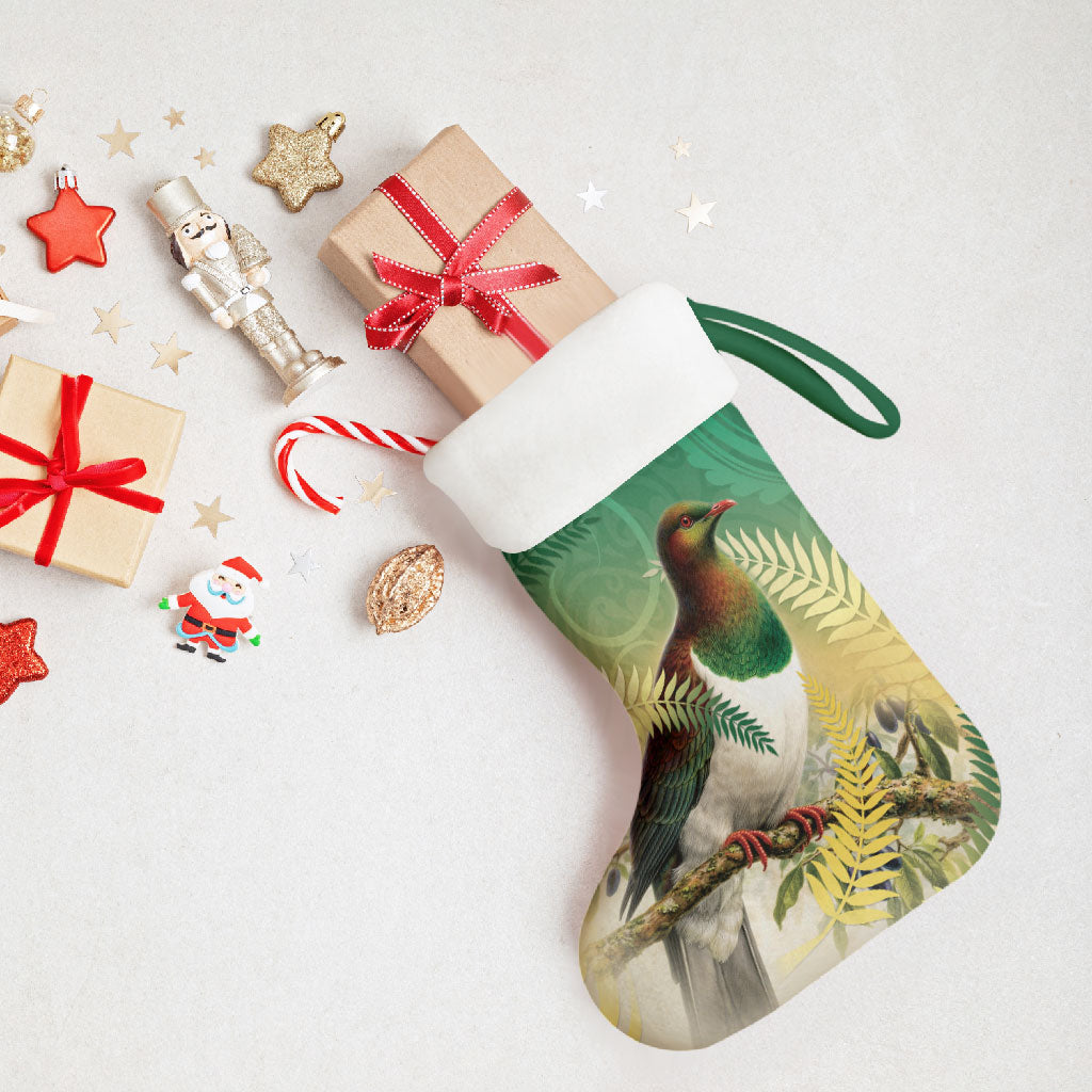 New Zealand Pigeon Kereru Christmas Stocking Maori Fern Art Green Gradient