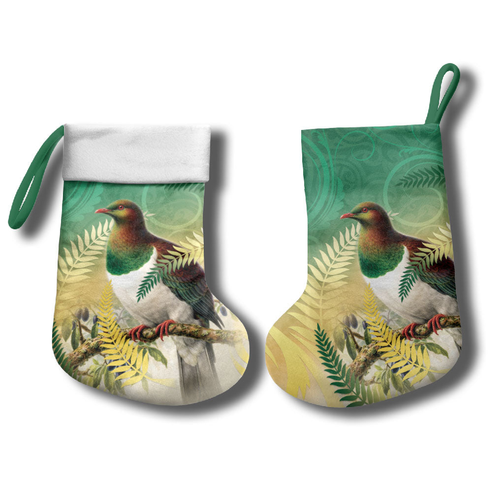 New Zealand Pigeon Kereru Christmas Stocking Maori Fern Art Green Gradient