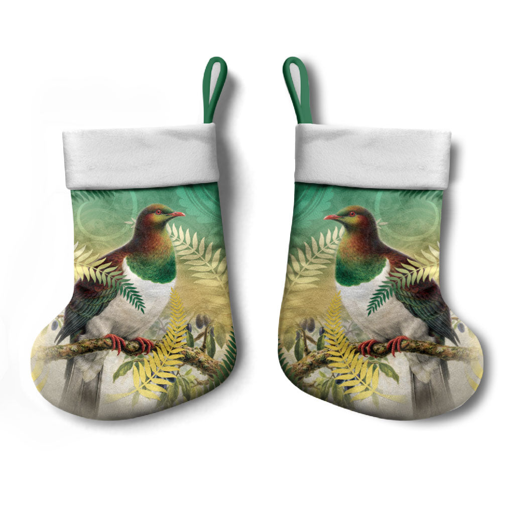 New Zealand Pigeon Kereru Christmas Stocking Maori Fern Art Green Gradient