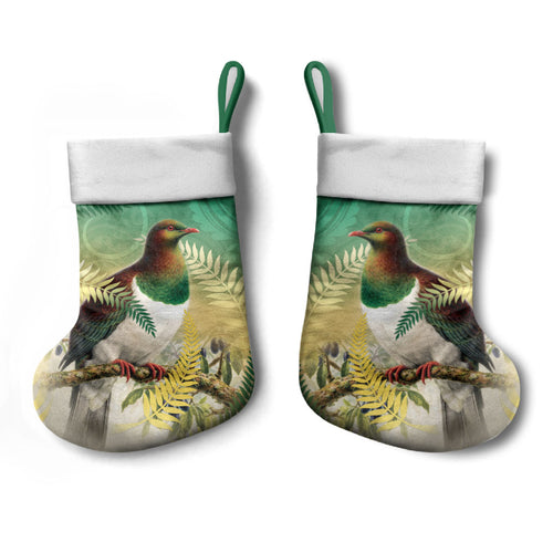 New Zealand Pigeon Kereru Christmas Stocking Maori Fern Art Green Gradient