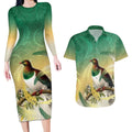 New Zealand Pigeon Kereru Couples Matching Long Sleeve Bodycon Dress and Hawaiian Shirt Maori Fern Art Green Gradient - Aussie Hoodie