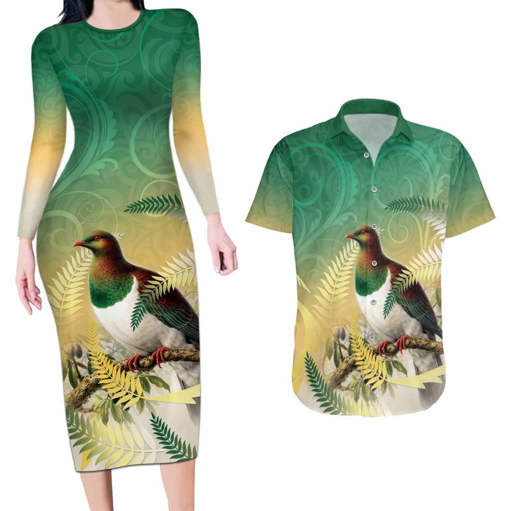 New Zealand Pigeon Kereru Couples Matching Long Sleeve Bodycon Dress and Hawaiian Shirt Maori Fern Art Green Gradient - Aussie Hoodie