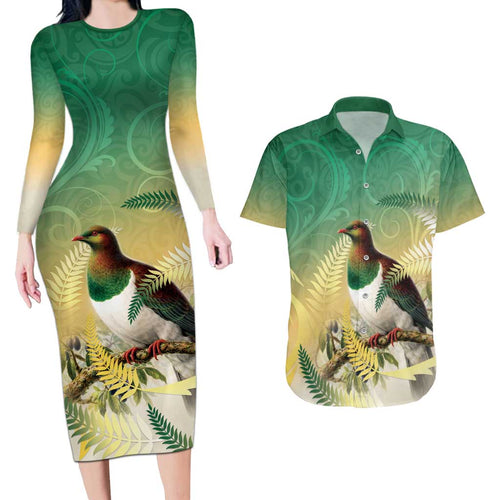 New Zealand Pigeon Kereru Couples Matching Long Sleeve Bodycon Dress and Hawaiian Shirt Maori Fern Art Green Gradient - Aussie Hoodie