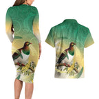 New Zealand Pigeon Kereru Couples Matching Long Sleeve Bodycon Dress and Hawaiian Shirt Maori Fern Art Green Gradient - Aussie Hoodie