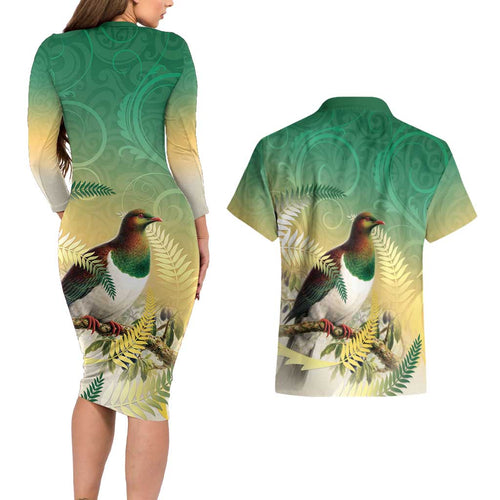 New Zealand Pigeon Kereru Couples Matching Long Sleeve Bodycon Dress and Hawaiian Shirt Maori Fern Art Green Gradient - Aussie Hoodie