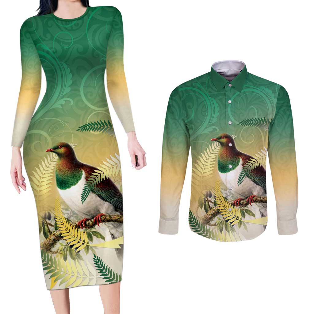 New Zealand Pigeon Kereru Couples Matching Long Sleeve Bodycon Dress and Long Sleeve Button Shirt Maori Fern Art Green Gradient - Aussie Hoodie