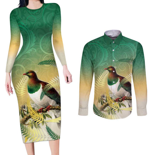 New Zealand Pigeon Kereru Couples Matching Long Sleeve Bodycon Dress and Long Sleeve Button Shirt Maori Fern Art Green Gradient - Aussie Hoodie