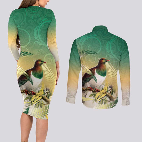 New Zealand Pigeon Kereru Couples Matching Long Sleeve Bodycon Dress and Long Sleeve Button Shirt Maori Fern Art Green Gradient - Aussie Hoodie