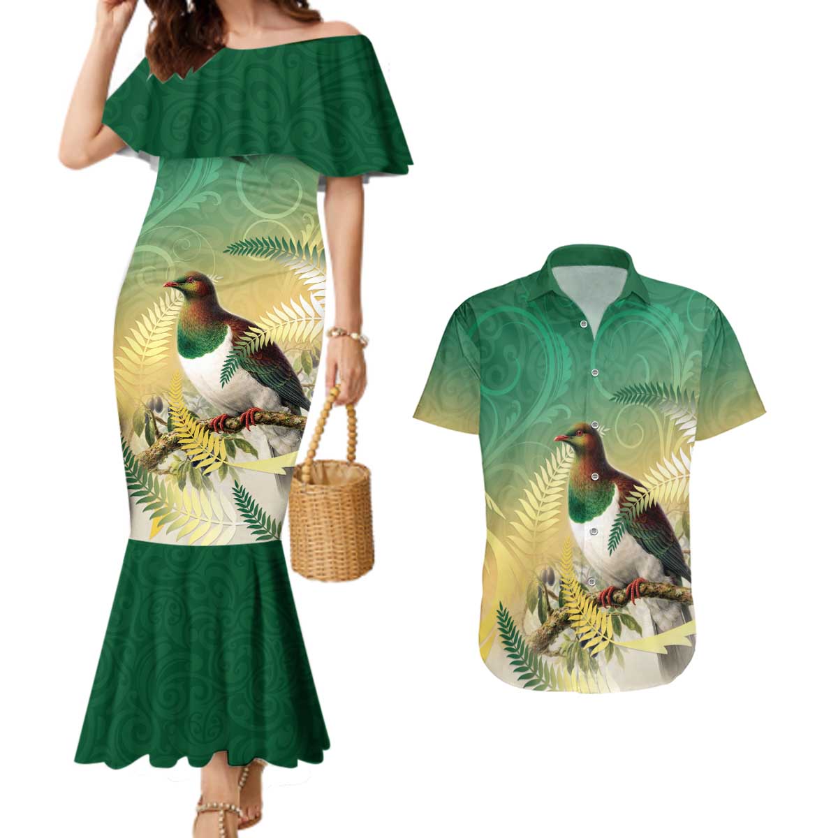 New Zealand Pigeon Kereru Couples Matching Mermaid Dress and Hawaiian Shirt Maori Fern Art Green Gradient - Aussie Hoodie