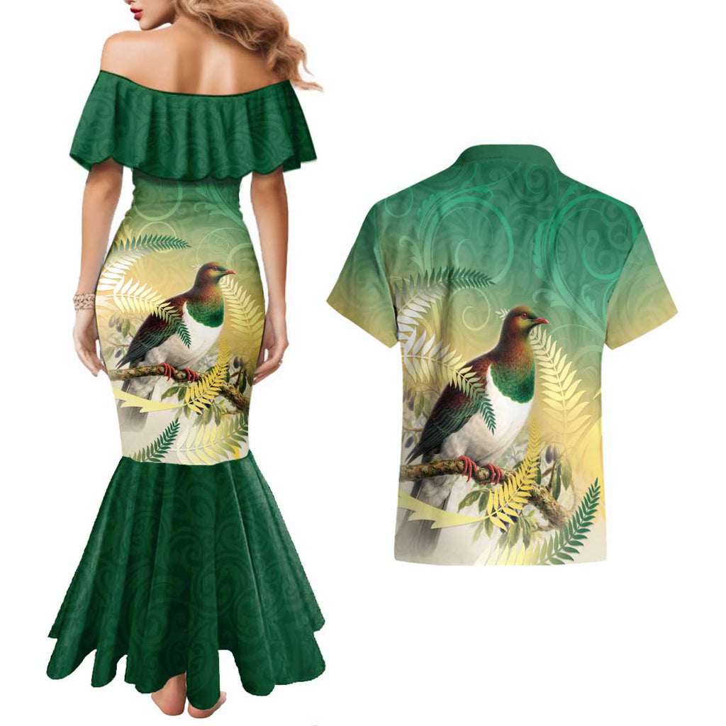 New Zealand Pigeon Kereru Couples Matching Mermaid Dress and Hawaiian Shirt Maori Fern Art Green Gradient - Aussie Hoodie