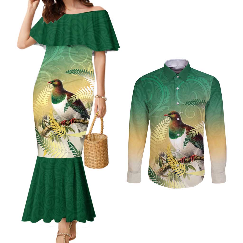 New Zealand Pigeon Kereru Couples Matching Mermaid Dress and Long Sleeve Button Shirt Maori Fern Art Green Gradient - Aussie Hoodie