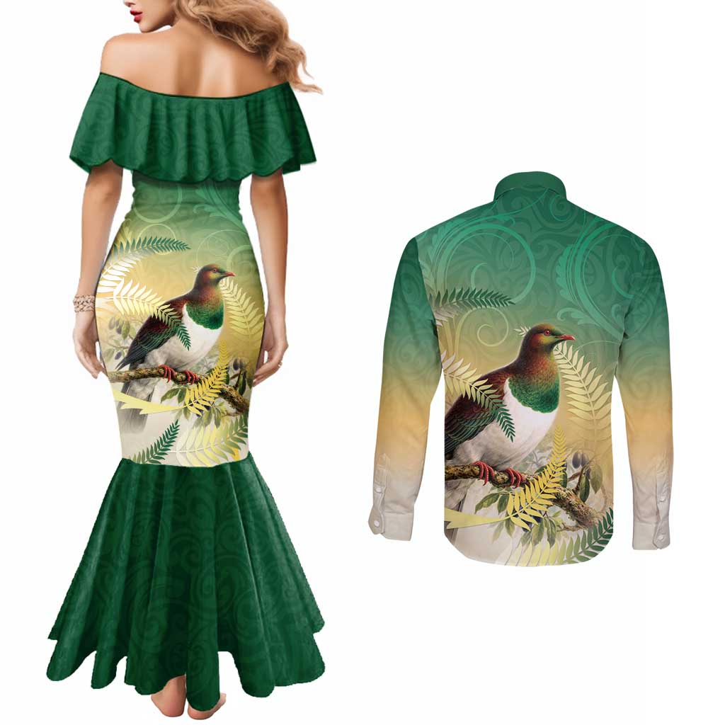 New Zealand Pigeon Kereru Couples Matching Mermaid Dress and Long Sleeve Button Shirt Maori Fern Art Green Gradient - Aussie Hoodie
