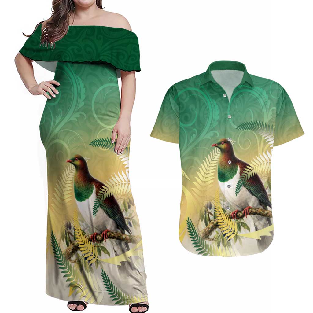 New Zealand Pigeon Kereru Couples Matching Off Shoulder Maxi Dress and Hawaiian Shirt Maori Fern Art Green Gradient - Aussie Hoodie