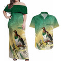 New Zealand Pigeon Kereru Couples Matching Off Shoulder Maxi Dress and Hawaiian Shirt Maori Fern Art Green Gradient - Aussie Hoodie