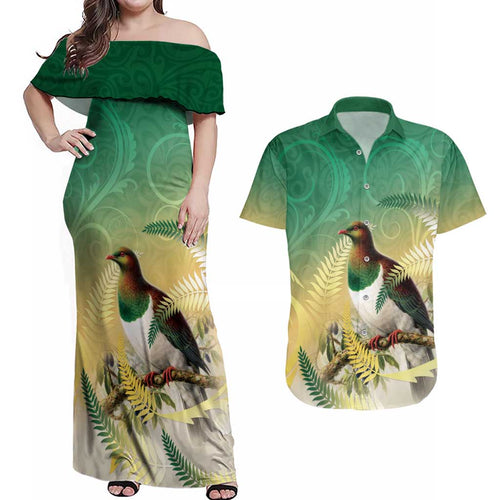 New Zealand Pigeon Kereru Couples Matching Off Shoulder Maxi Dress and Hawaiian Shirt Maori Fern Art Green Gradient - Aussie Hoodie