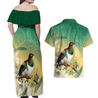 New Zealand Pigeon Kereru Couples Matching Off Shoulder Maxi Dress and Hawaiian Shirt Maori Fern Art Green Gradient - Aussie Hoodie