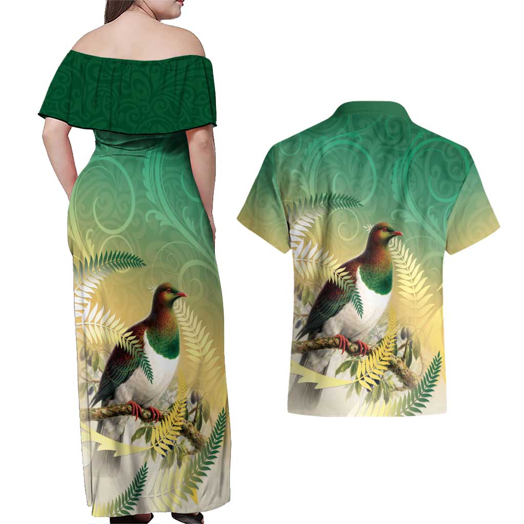 New Zealand Pigeon Kereru Couples Matching Off Shoulder Maxi Dress and Hawaiian Shirt Maori Fern Art Green Gradient - Aussie Hoodie