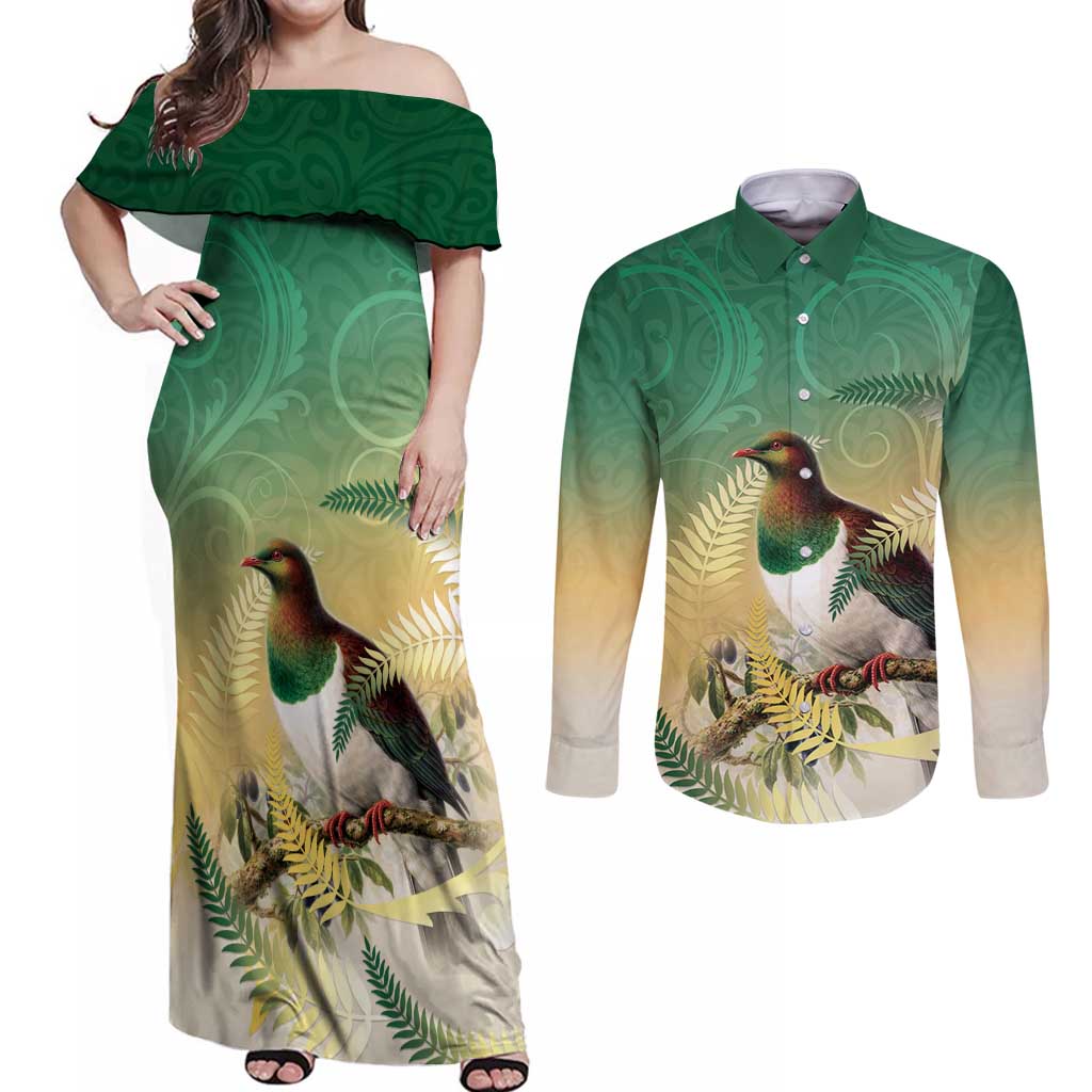 New Zealand Pigeon Kereru Couples Matching Off Shoulder Maxi Dress and Long Sleeve Button Shirt Maori Fern Art Green Gradient - Aussie Hoodie