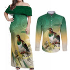 New Zealand Pigeon Kereru Couples Matching Off Shoulder Maxi Dress and Long Sleeve Button Shirt Maori Fern Art Green Gradient - Aussie Hoodie