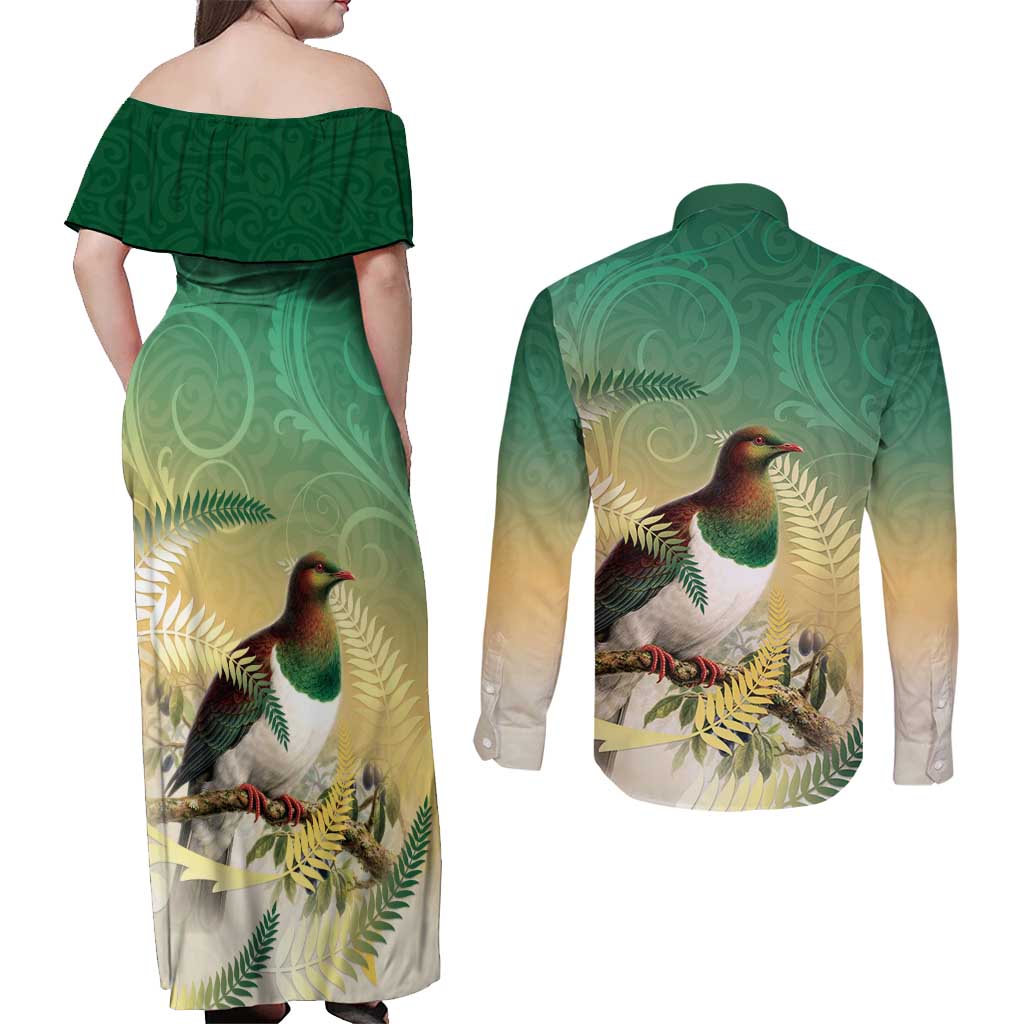 New Zealand Pigeon Kereru Couples Matching Off Shoulder Maxi Dress and Long Sleeve Button Shirt Maori Fern Art Green Gradient - Aussie Hoodie