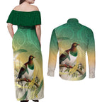 New Zealand Pigeon Kereru Couples Matching Off Shoulder Maxi Dress and Long Sleeve Button Shirt Maori Fern Art Green Gradient - Aussie Hoodie