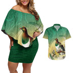 New Zealand Pigeon Kereru Couples Matching Off Shoulder Short Dress and Hawaiian Shirt Maori Fern Art Green Gradient - Aussie Hoodie