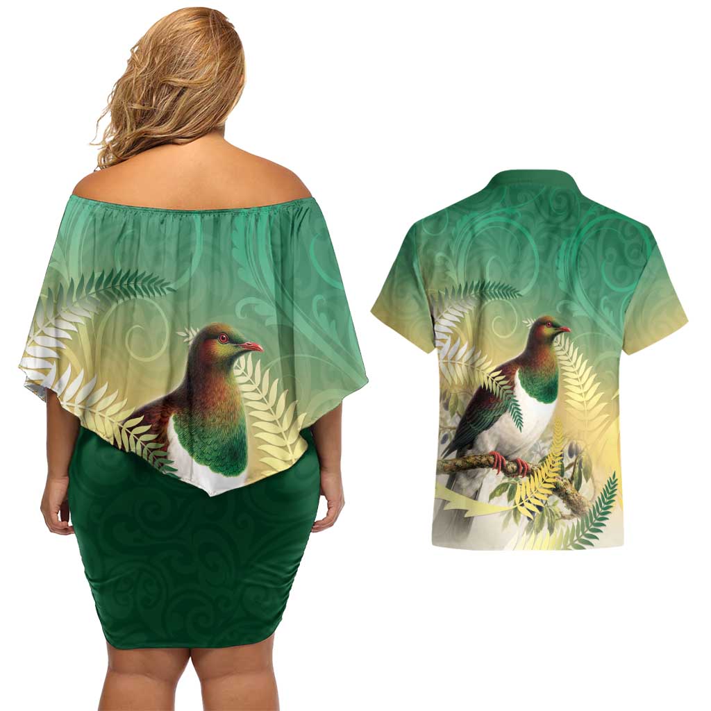 New Zealand Pigeon Kereru Couples Matching Off Shoulder Short Dress and Hawaiian Shirt Maori Fern Art Green Gradient - Aussie Hoodie
