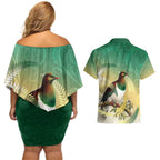 New Zealand Pigeon Kereru Couples Matching Off Shoulder Short Dress and Hawaiian Shirt Maori Fern Art Green Gradient - Aussie Hoodie