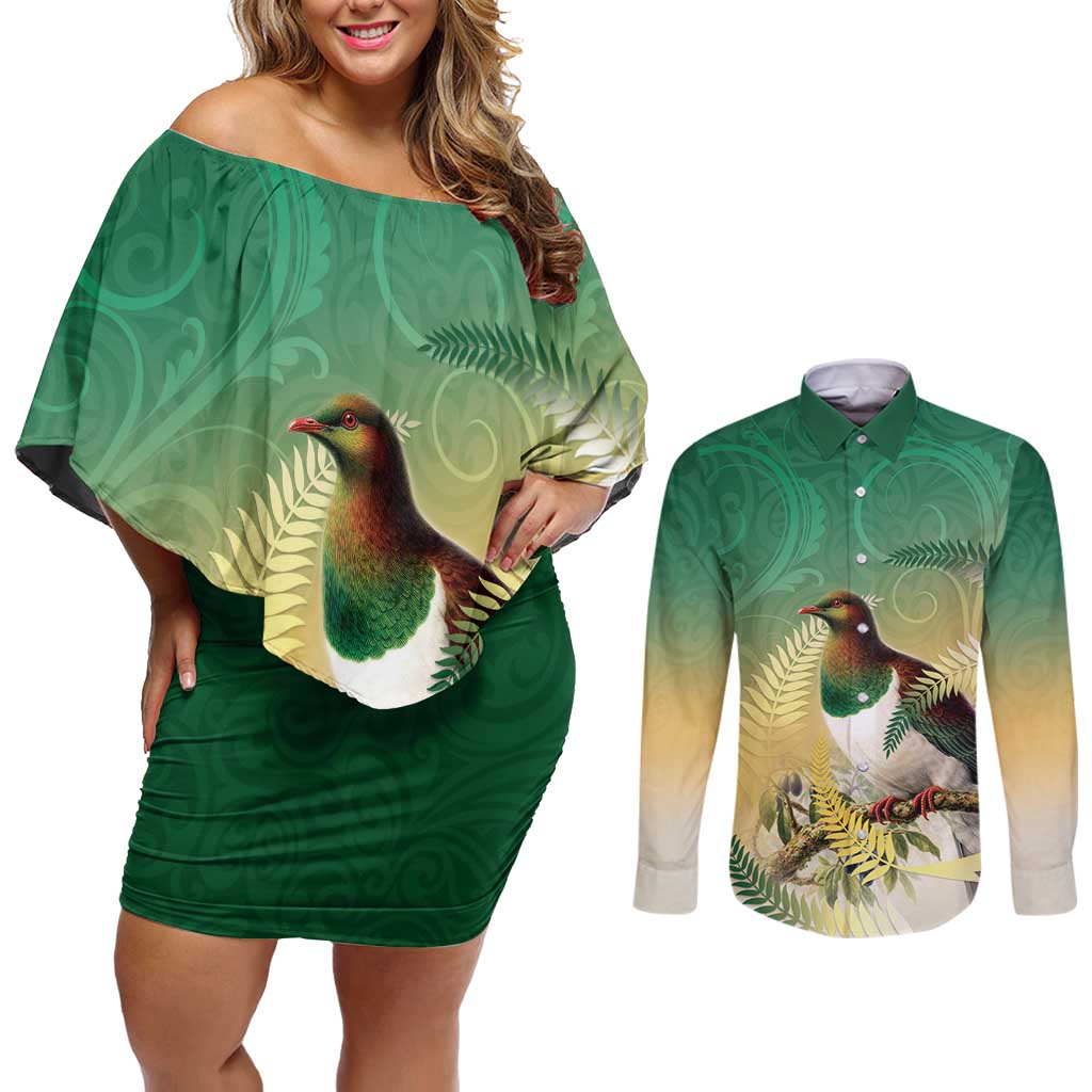 New Zealand Pigeon Kereru Couples Matching Off Shoulder Short Dress and Long Sleeve Button Shirt Maori Fern Art Green Gradient - Aussie Hoodie