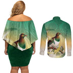 New Zealand Pigeon Kereru Couples Matching Off Shoulder Short Dress and Long Sleeve Button Shirt Maori Fern Art Green Gradient - Aussie Hoodie