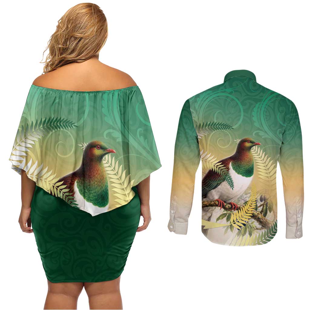 New Zealand Pigeon Kereru Couples Matching Off Shoulder Short Dress and Long Sleeve Button Shirt Maori Fern Art Green Gradient - Aussie Hoodie
