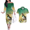 New Zealand Pigeon Kereru Couples Matching Off The Shoulder Long Sleeve Dress and Hawaiian Shirt Maori Fern Art Green Gradient - Aussie Hoodie
