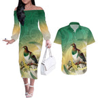 New Zealand Pigeon Kereru Couples Matching Off The Shoulder Long Sleeve Dress and Hawaiian Shirt Maori Fern Art Green Gradient - Aussie Hoodie