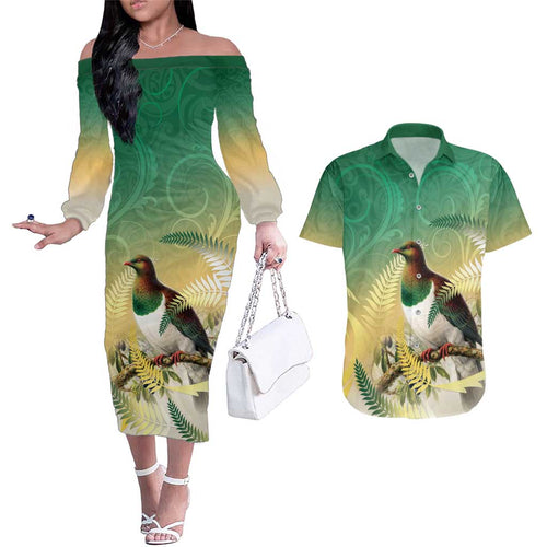 New Zealand Pigeon Kereru Couples Matching Off The Shoulder Long Sleeve Dress and Hawaiian Shirt Maori Fern Art Green Gradient - Aussie Hoodie
