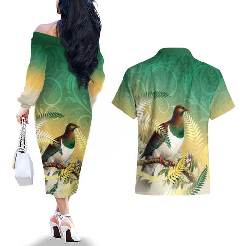 New Zealand Pigeon Kereru Couples Matching Off The Shoulder Long Sleeve Dress and Hawaiian Shirt Maori Fern Art Green Gradient - Aussie Hoodie