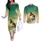 New Zealand Pigeon Kereru Couples Matching Off The Shoulder Long Sleeve Dress and Long Sleeve Button Shirt Maori Fern Art Green Gradient - Aussie Hoodie