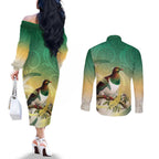 New Zealand Pigeon Kereru Couples Matching Off The Shoulder Long Sleeve Dress and Long Sleeve Button Shirt Maori Fern Art Green Gradient - Aussie Hoodie