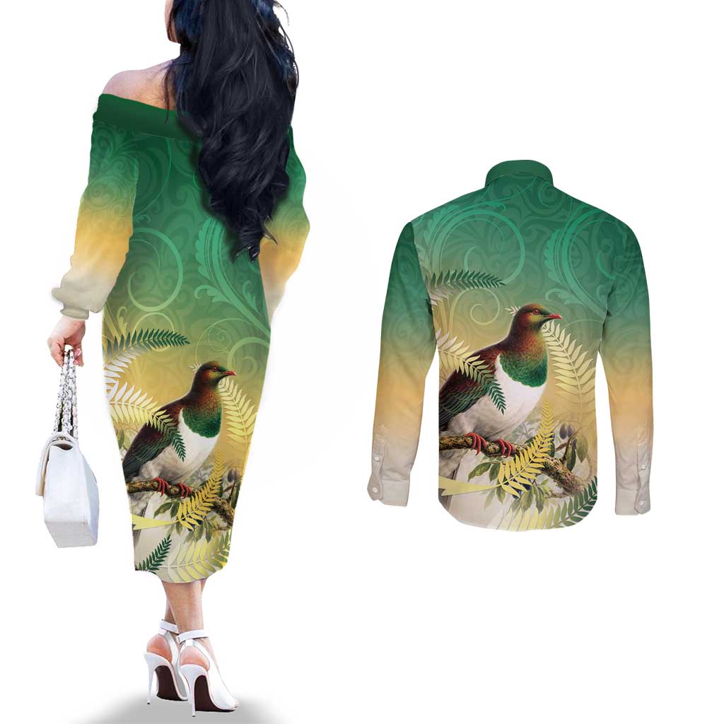 New Zealand Pigeon Kereru Couples Matching Off The Shoulder Long Sleeve Dress and Long Sleeve Button Shirt Maori Fern Art Green Gradient - Aussie Hoodie