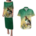 New Zealand Pigeon Kereru Couples Matching Puletasi and Hawaiian Shirt Maori Fern Art Green Gradient - Aussie Hoodie