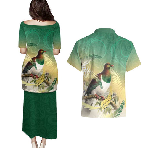 New Zealand Pigeon Kereru Couples Matching Puletasi and Hawaiian Shirt Maori Fern Art Green Gradient - Aussie Hoodie