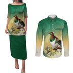 New Zealand Pigeon Kereru Couples Matching Puletasi and Long Sleeve Button Shirt Maori Fern Art Green Gradient - Aussie Hoodie