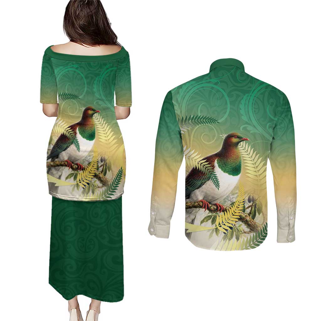 New Zealand Pigeon Kereru Couples Matching Puletasi and Long Sleeve Button Shirt Maori Fern Art Green Gradient - Aussie Hoodie